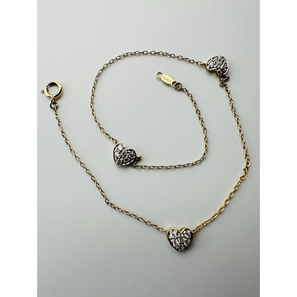 DQ Mexico 14K Solid Yellow Gold C Z Heart Anklet Bracelet 9.85”